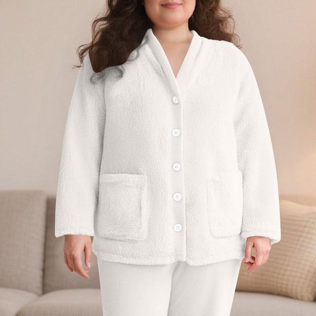 Timegard Womens Winter Coats Fuzzy Fleece Warm Pajamas Tops Button down Loungewear Comfy Thick Pjs