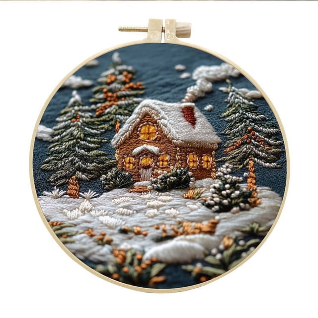 TopLLC Christmas Embroidery Kit with Embroidery Hoop 2024, featuring a winter snowy village design. The kit includes a 15cm embroidery hoop, 100% cotton yarn, needles, and printed fabric with a water-soluble pattern. Ideal for beginners and adults, it comes with detailed instructions and a stitch guide. The embroidery showcases a cozy cabin surrounded by snow-covered trees, with warm yellow lights glowing from the windows. Suitable as a gift or decorative item for the home.