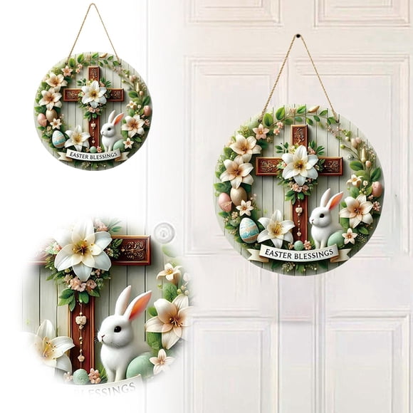 Hearth & Gear Easter Pendant Egg Wreath Rabbit Holiday Decoration Door Hanging Wooden Round Doorplate Tall Wooden Welcome Sign outside Front Door Front Door Hangers Decorations for Living Room Metal