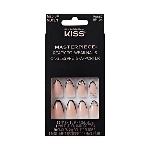 KISS Masterpiece - Faux Ongles - Perfection - Amande - Moyen - 30 Unités avec des Ongles Acryliques en Forme d'Amande de Longueur Moyenne avec une base nude Brillante et des Pointes Ornées de Bijoux Noirs, Incluant 30 Ongles, Colle gel Rose 2 g, mini Lime et Bâton de Manucure dans un Emballage Noir, Convenant à la Manucure en gel et aux Soins des Ongles.