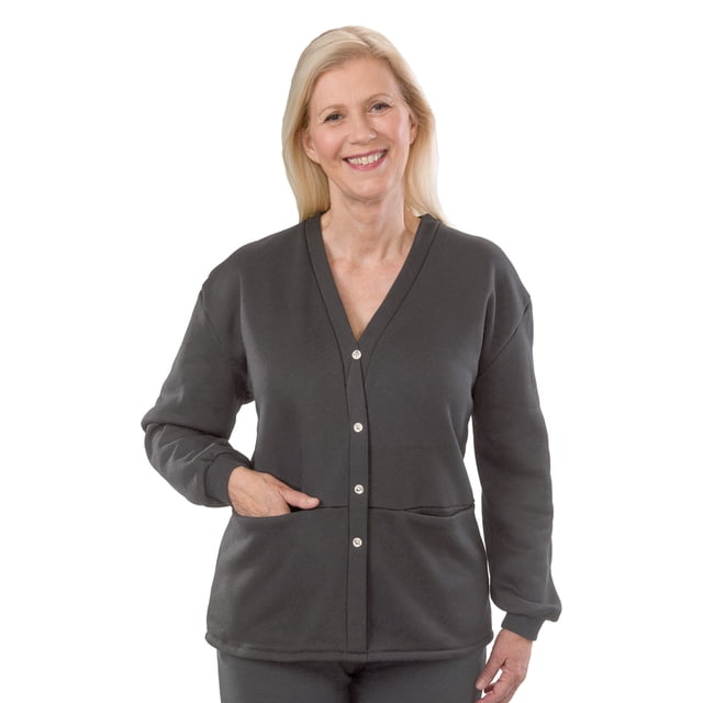 Silverts Women Fleece Cardigan Open Back Sweater, 3XL Plus Size, Grey
