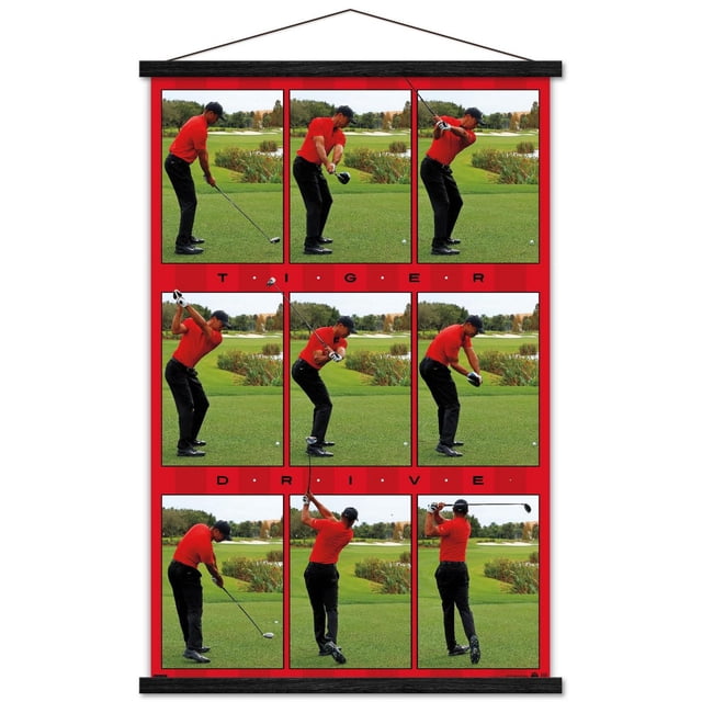 Tiger Woods - Affiche Murale Drive, 22,375 Po x 34 Po Affichant une Séquence de Neuf Panneaux d'Un Golfeur en Chemise Rouge et Pantalon Noir Exécutant une Balançoire Drive de golf sur un Terrain de golf Vert avec des Arbres et des Pièges à Sable, Encadrée d'Une Bordure Rouge et de Bandes Suspendues Noires, Imprimée sur Papier Affiche Lustré, Convenant à la Décoration Murale de la Maison Ou du Bureau.