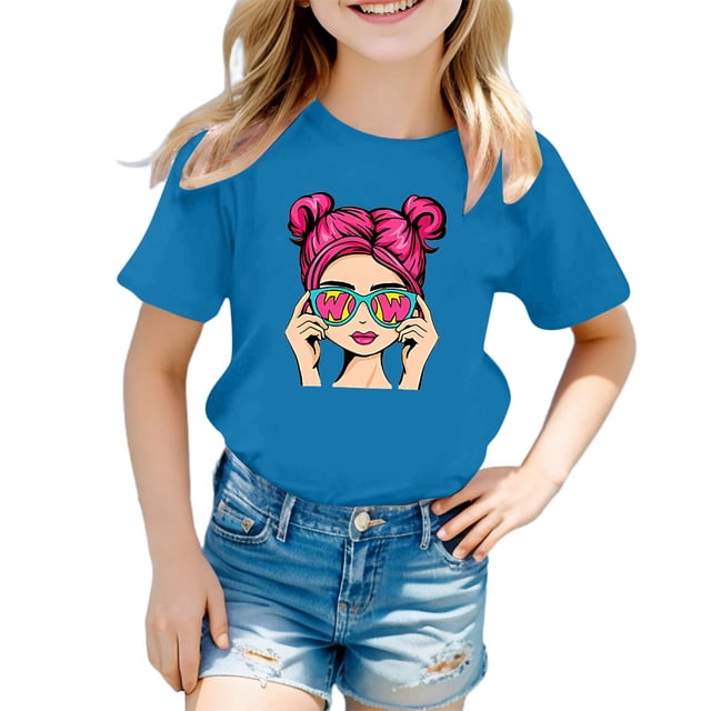 T-shirts et Chemises pour Filles - Adorable T-Shirt à Imprimé Graphique à Col Rond et Manches Courtes pour Filles, Tenue d'Été Décontractée, Mélange Respirant, Coutures Durables pour le Jeu Quotidien