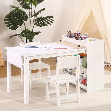 YUSAZENS Ensemble de Table d'Art avec Étagères de Rangement, Ensemble Complet de Table et Chaises pour l'Artisanat et le Dessin, Mobilier en Bois pour la Salle de Classe et la Garderie