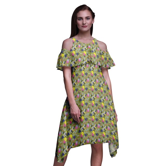 Bimba Robe Tunique Midi à Manches Flottantes Imprimé Géométrique Vert Épaules Dénudées pour Femmes - Très Grande Taille