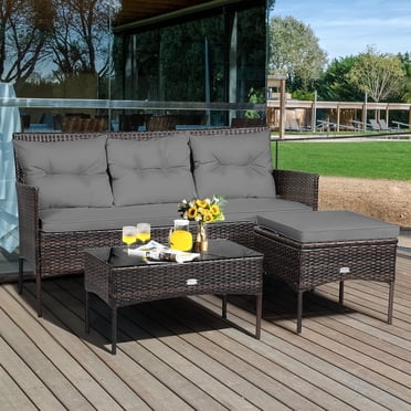 Gymax Ensemble de Conversation Sectionnel en Rotin pour Patio 3 Pcs avec Coussins Gris