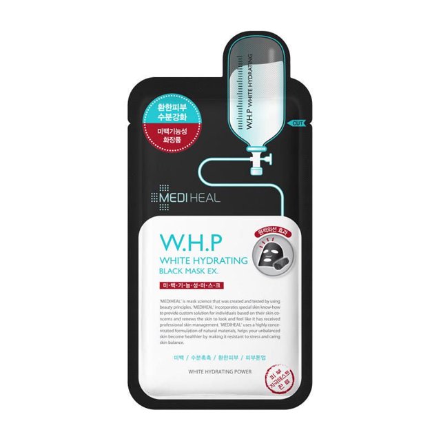 Mediheal W.H.P White Hydrating Black Mask EX in a black and white sachet with blue and red text, featuring an IV drip graphic labeled W.H.P White Hydrating connected to a black charcoal sheet mask icon, designed to hydrate, brighten, and balance skin tone.