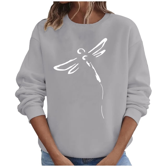 Penkiiy Blouses pour Femmes Hauts pour Femmes Automne Manches Longues Chandail Ample à Enfiler Chemise Décontractée Dames Imprimé Poitrine Col Rond Chandails Gris Vêtements Y2K