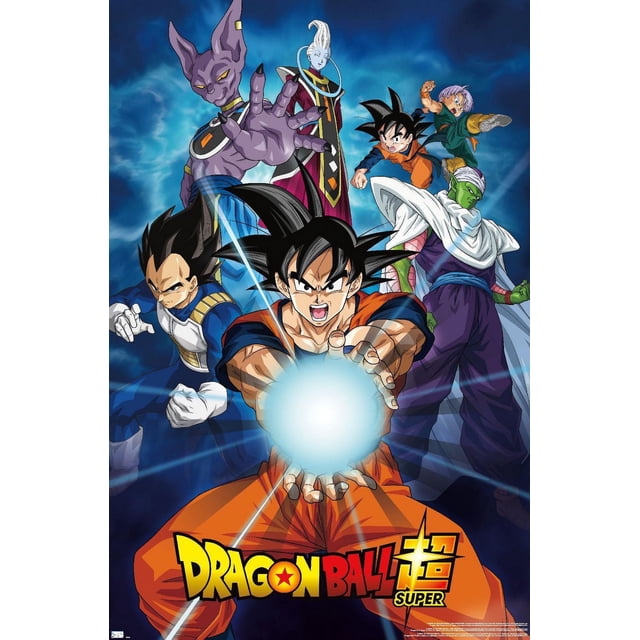 Dragon Ball Super - Groups Wall Poster, 22.375" x 34" framed featuring main characters from the anime in dynamic action poses on a blue energy background. Goku in orange gi is centered, charging a glowing energy blast, surrounded by Vegeta in blue armor, Piccolo in purple cape, Beerus the purple deity, Whis in red robes, and Trunks in green outfit. The poster includes the Dragon Ball Super logo and is suitable for vibrant wall décor.