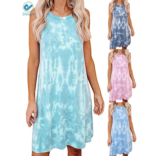 Deago Robe Courte Décontractée Teinture sur Nœuds pour Femme, Col Rond, Sans Manches, T-Shirt Ample, Débardeur d'Été, Robe de Plage (Vert, M)