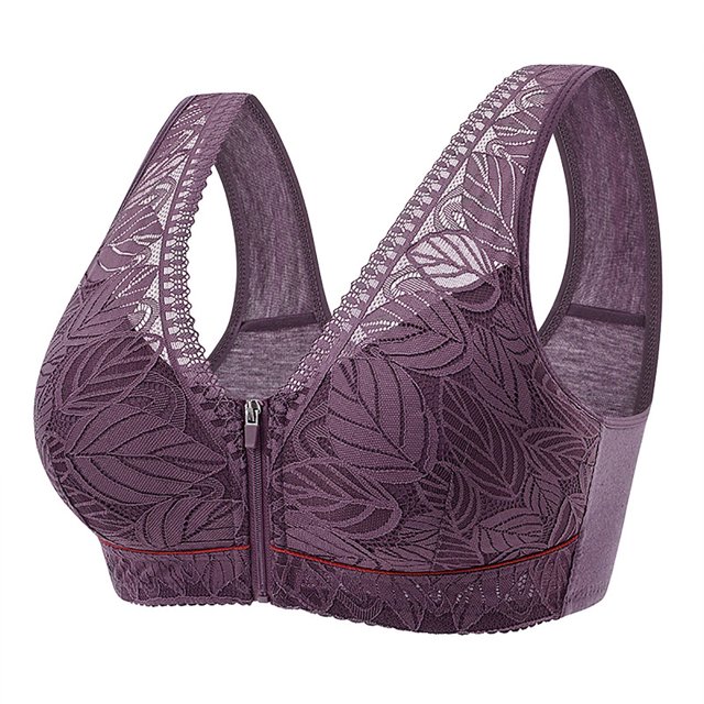 Virmaxy Womens Wireless Bra Oversized Soft Cotton Cup with No Steel Ring Cover Front Zipper Printing Chest Lifting Side Collection and Beautiful Back Underwear Purple XXXXXXL