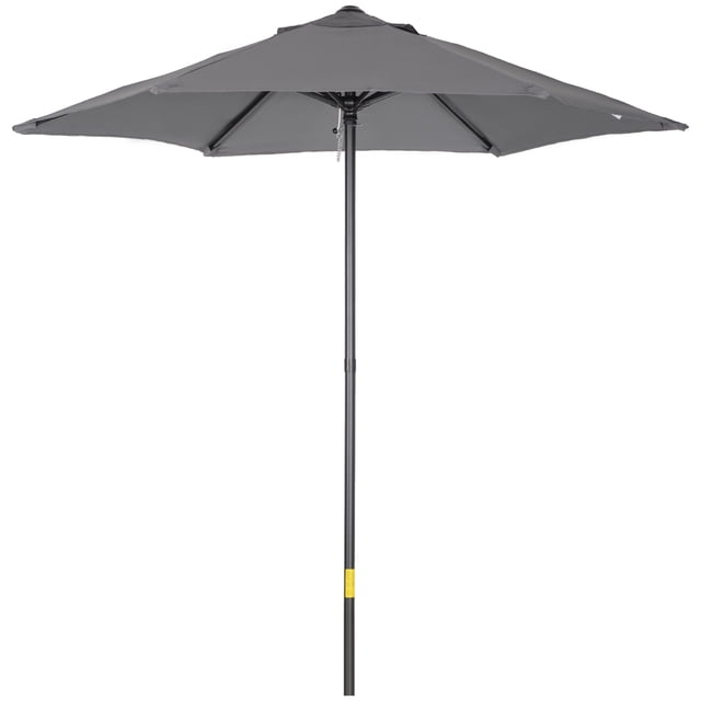 Outsunny Parasol de Patio 6,6 Pi, Parasol d'Extérieur avec 6 Baleines en Gris Foncé. Ce Parasol Centré Présente un Cadre en Aluminium durable avec six Baleines pour une Stabilité Accrue, un Auvent en polyester pour la protection Solaire et un Mécanisme à Ouverture par Pression pour une Utilisation Facile. le Parasol Mesure 77,2 Pouces de Diamètre et 80,3 Pouces de Hauteur, avec un Diamètre de Mât de 1,3 Pouces. Convient aux patios, Jardins et Espaces Extérieurs. Base Non Incluse.