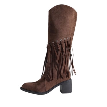 Lovzfmll Bottes Cowboy pour Femmes, Franges Hauteur Genou en Suède à Talon Bloc Épais, Bout Pointu Bottes Chelsea de Cowgirl Bottes Brunes d'Automne