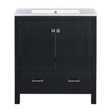 Meuble-Lavabo de Salle de Bain Noir de 30 Pouces avec Lavabo Encastré Simple – Armoire Combinée à Cadre en Bois Massif, 2 Portes à Fermeture en Douceur et 1 Tiroir pour Rangement de Salle de Bain Multifonctionnel