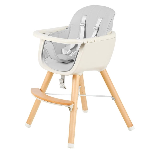 3 in 1 Convertible Baby High Chair in gray with a 5-point harness, adjustable seat height, and detachable food tray. Designed as a feeding chair and toddler dining chair, it features sturdy beechwood legs, a soft PU cushion, and a sleek design suitable for babies aged 6 months to 3 years.