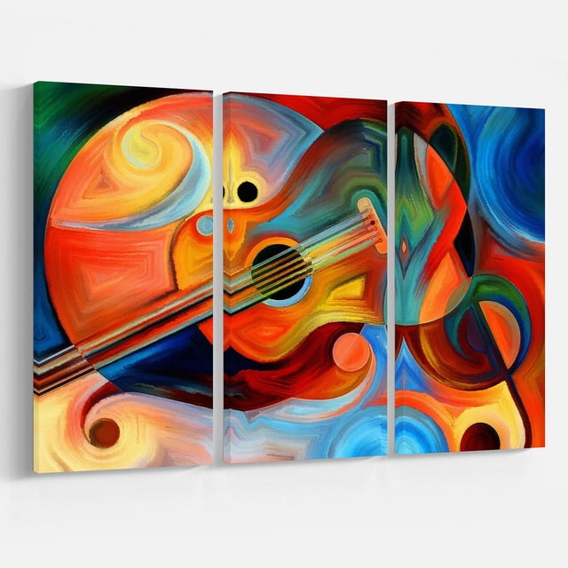 Designart Music and Rhythm Canvas Wall Art is a modern abstract triptych printed on premium cotton canvas with fade-resistant inks. It features vibrant red, orange, blue, and green swirls forming stylized musical instruments and rhythm motifs. The gallery-wrapped canvas arrives ready to hang and is suitable for enhancing contemporary home décor.