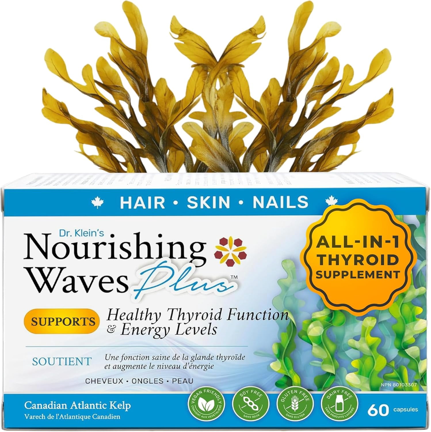 Nourishing Waves Plus - Biotin Hair Growth, Skin and Nails Vitamins for Women & Men with Selenium, Magnesium Bisglycinate, Vitamin C & B, Kelp for Energy Levels & Thyroid Support- 60 Capsules (1 Pack)