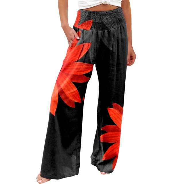 Pantalon Grand à Taille Élastique Mode Décontractée pour Femmes, Pantalon à Fleurs Colorées Imprimées avec Poches, Pantalon en Lin pour Femmes, Pantalon Habillé Décontracté pour Femmes, Pantalon Extensible Décontracté pour Femmes Grande Taille