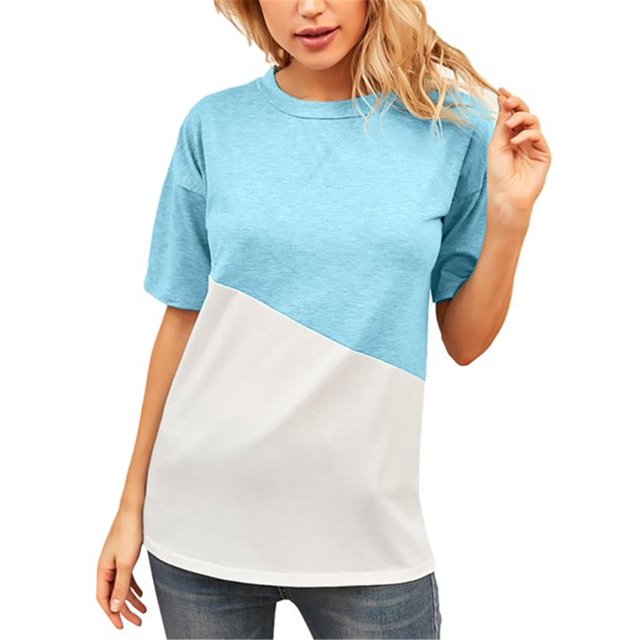 Femmes T-shirt Couleur Bloc Manches Courtes Chemise Femmes Couleur Top Femmes Haut Col Rond Blouse, Bleu, M