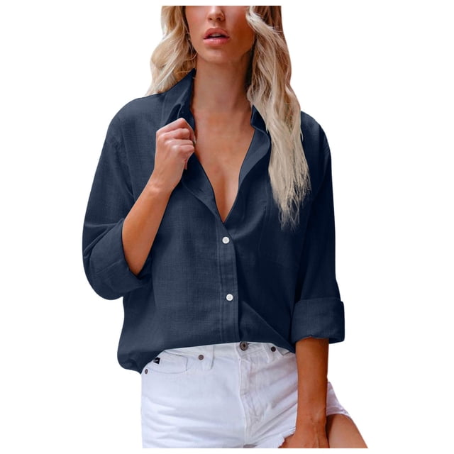 Chemise à Manches Longues Femme Chemise Unie pour Femmes Blouse Ample à Col en V Tunique Décontractée de Travail à Manches Longues avec Poche Robe à Manches Longues Femme Hauts à Col en V pour Femmes