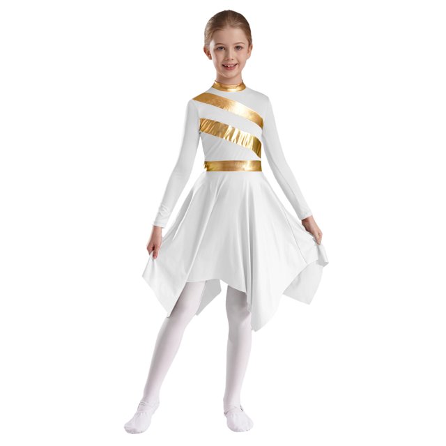 RUNQHUI Robe de Danse pour Filles Enfants Patchwork Métallique Ourlet Asymétrique Culte Église Blanc 10