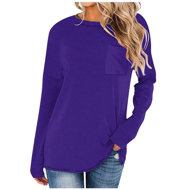 Yuyuzo T-Shirts à Manches Longues pour Femmes Col Ras du Cou Décontractés Basiques Doux Amples Couleur Unie Hauts d'Automne
