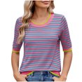 thumbnail image 1 of Pisexur Hauts de Printemps pour Femmes 2025, Hauts d'Entraînement pour Femmes, Hauts pour Dames Chemisiers à Rayures à Manches Courtes pour Femmes Col Rond Haut Décontracté à la Mode Rouge Melon D\'eau, TG, 1 of 8