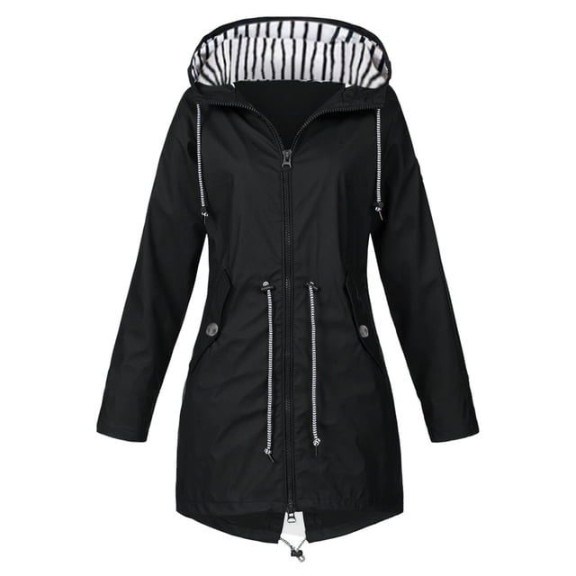 Kcodviy Womens Rain Jacket with Jacket Women Under Hood Lightweight Long Sleeve Rains Women Windbreaker Zip Up Drawstring Retro Windbreakers Raincoat with Pockets