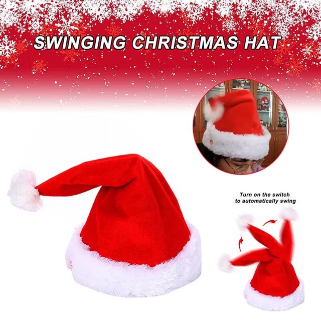 Musical Dance Christmas Santa Fur Hat in red with white trim, featuring a singing and dancing motion when activated. The electric patchwork design allows the hat to swing automatically, as shown in the image. Suitable for Christmas parties and festive celebrations.