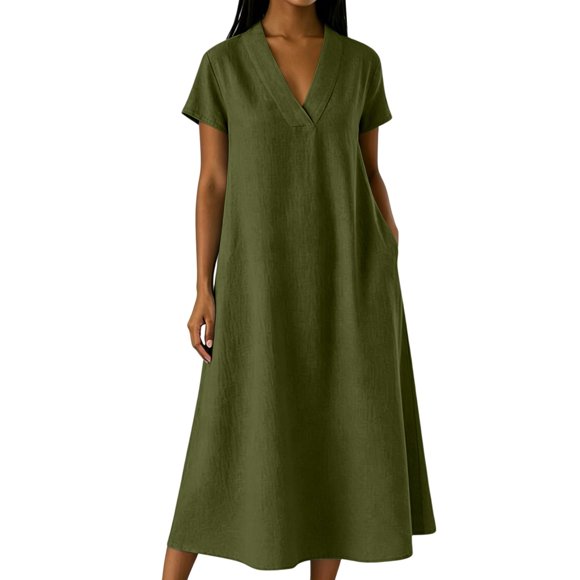 XiYing Robes pour Femmes, Combinaison-Robe Décontractée à Manches Courtes pour Femme, Col en V, Couleur Unie, Coupe Fluide Printemps/été, S-TTG,