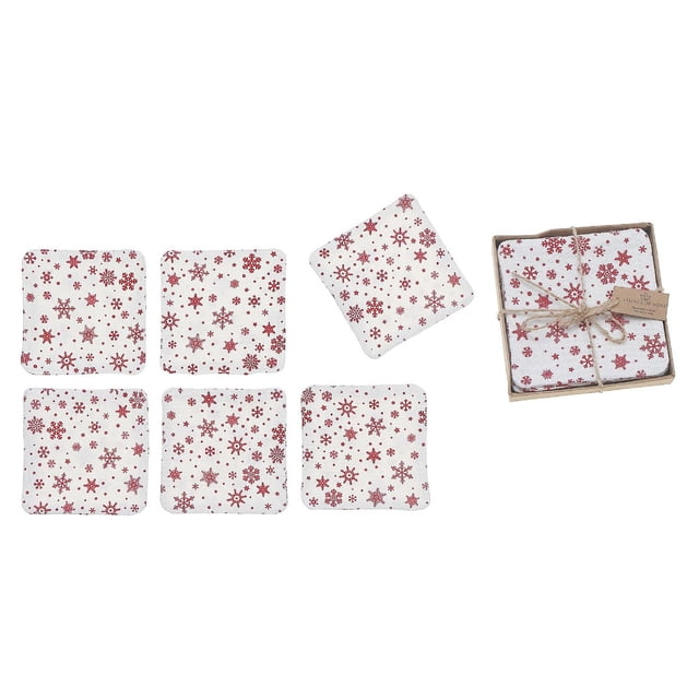 6 Pc Square Printed Coaster Red Snowflake set with six white cotton coasters printed with red snowflakes, each measuring 4 by 4 inches, arranged flat with one tilted and a tied bundle in a cardboard box, ideal for protecting dining and coffee tables and adding festive decor.