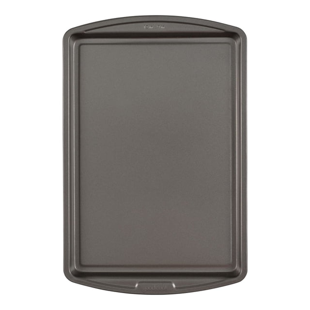 Goodcook Non-stick Cookie Sheet, 13 x 9 inch, rectangular dark gray steel baking pan with raised edges and integrated handles, featuring a smooth non-stick coating for even heat distribution and easy cookie release, metal spatula safe and dishwasher safe.