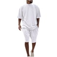 thumbnail image 1 of Mikilon Tenues Tendance pour Hommes Ensemble 2 Pcs Manches Courtes Col Rond Blouse/chemise Mode Décontractée Couleur Unie Manches Courtes Blouses Chemises Ensembles Blanc m, 1 of 7