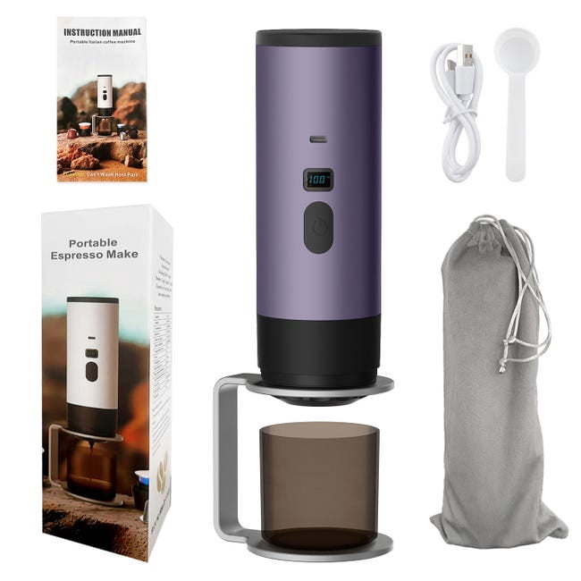 3-in-1 Portable Electric Coffee Maker, 72W Capsule Coffee Grinder, Travel Coffee Maker with 90ml Water Tank and Stand, Purple