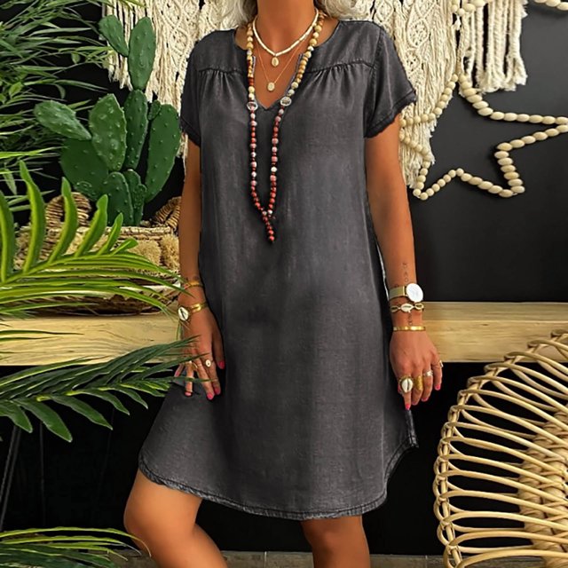 Robes Grande Taille pour Femmes Rondes Mode Femmes Décontractées Aguichant Col en V Robes Unies Été Manches Courtes Robe en Jean Chandail Robes pour Invité de Mariage Été en Liquidation
