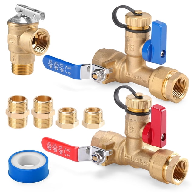 8Pcs 3/4 Inch IPS Isolator Tankless Water Heater Valve Kit with 2Pcs 3/4" NPT to 1/2" FNPT and 2Pcs Brass Pipe Fitting, Tankless Water Heater Flushing Kit with Pressure Relief Va