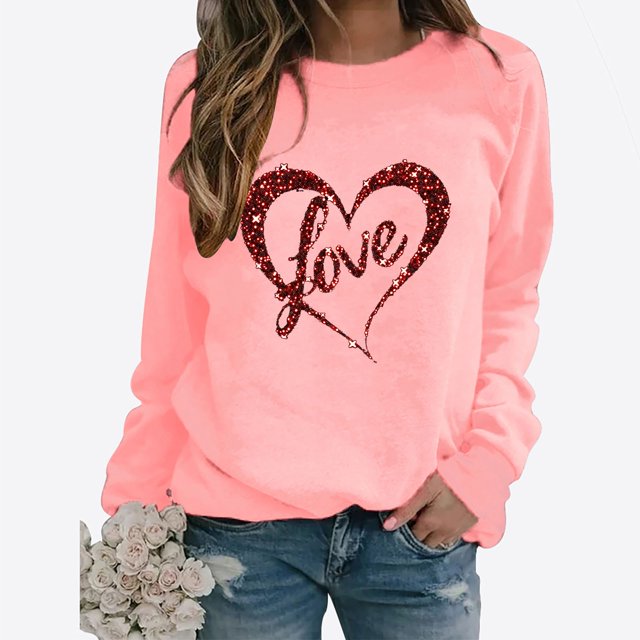 Meichang Hauts à Manches Longues pour Femmes Printemps Chemises de la Saint-Valentin Hauts Mignons Imprimé Cœur T-Shirts Col Rond pour Femmes