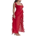 thumbnail image 4 of Women High Side Split Mesh Sheer Long Dress Sleeveless Ruffles Strappy Irregular Hem Cocktail Midi Dresses Red M, 4 of 8