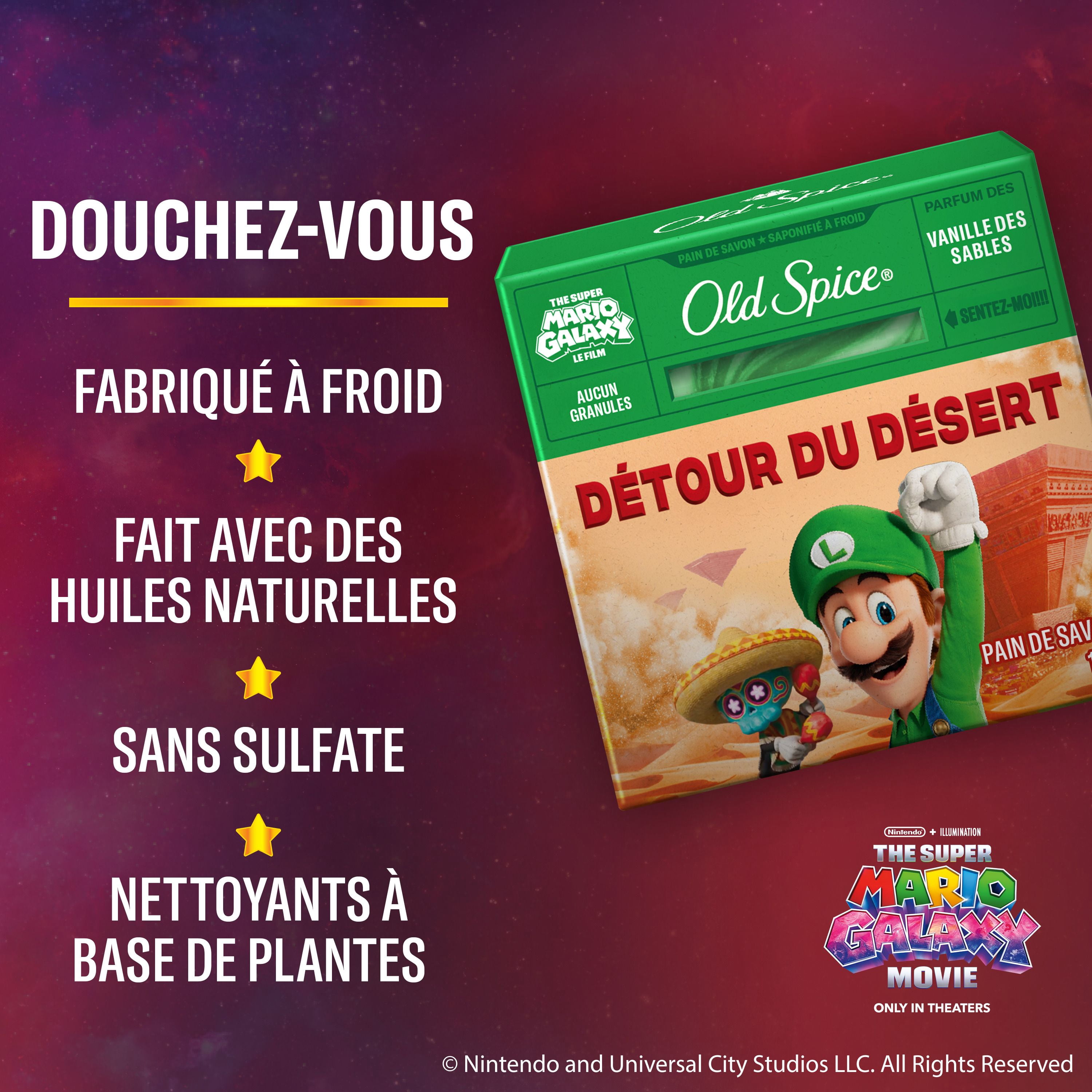 Pain de savon Old Spice saponifié à froid pour hommes, Détour du désert, parfum de vanille des sables, Old Spice x The Super Mario Galaxy Movie, aucun granule, 141 g
