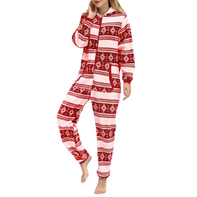 Wangsaura Female Deer/ Snowflake Print Long Sleeve Hooded Jumpsuit with Zipper
