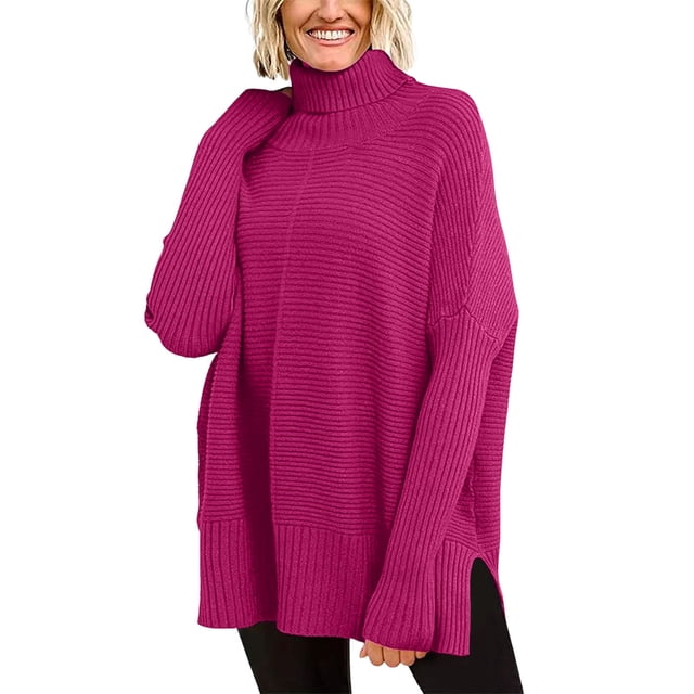 SGMVNU Women's Oversized Turtleneck Sweaters Fall Long Sleeve Ribbed Tunic Sweater Chunky Pullover Knit Tops(Hot Pink, XL)
