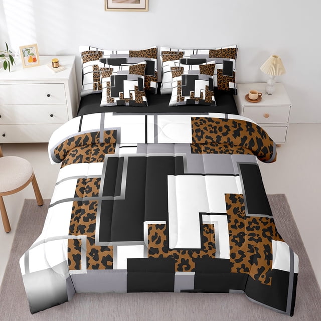 YST 7 Piece Brown Leopard Print Bedding Set, Safari Cheetah Bed In A Bag, King