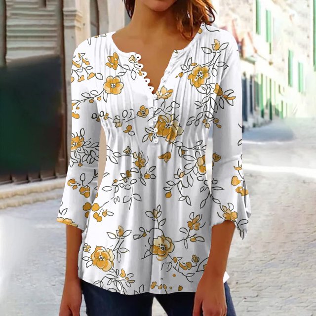 Blouses pour Femmes, T-shirt Imprimé Mode Manches 3/4 Blouse Col en V Hauts Décontractés