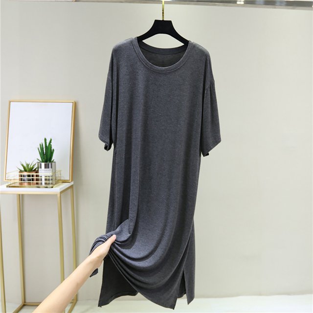 Pisexur Robe Mi-Mollet à Manches Courtes à Col Rond pour Femme, Vêtement d'Extérieur d'Été, Longueur Moyenne, Mince, Ample, Jupe à Col Rond avec Fente, Robe pour Femme, Robe
