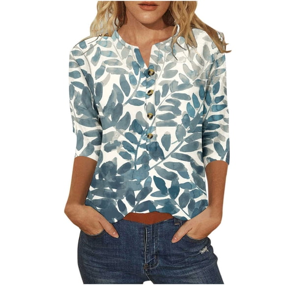 Cotton Tops for Women 3/4 Sleeve Round Neck Loose Top Casual Shirt 1 Pc