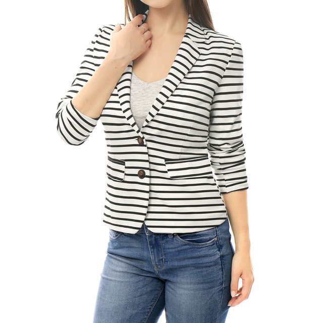 INSPIRE CHIC Blazer à Rayures pour Femme à Revers Cranté, Manches Longues, Boutonné, S Blanc