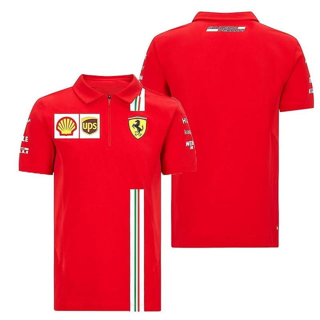 New 2025 F1 Ferrari Racing Suit Red Top Short-sleeved Polo Shirt for men, featuring a vibrant red design with Ferrari branding, Shell and UPS logos on the front, and a white and green stripe detail. Made from breathable, quick-dry fabric, ideal for summer wear. Available in sizes XS to 4XL.