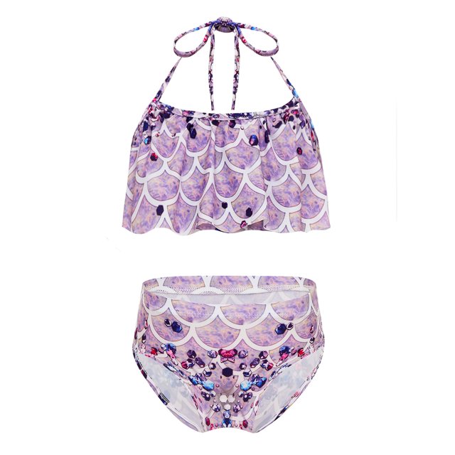 TiaoBug Girls 2 Pcs Mermaid Bikini Sets Shiny Halter Ruffles Crop Top with Triangle Brief Bathing Suit Tankini Purple A 140