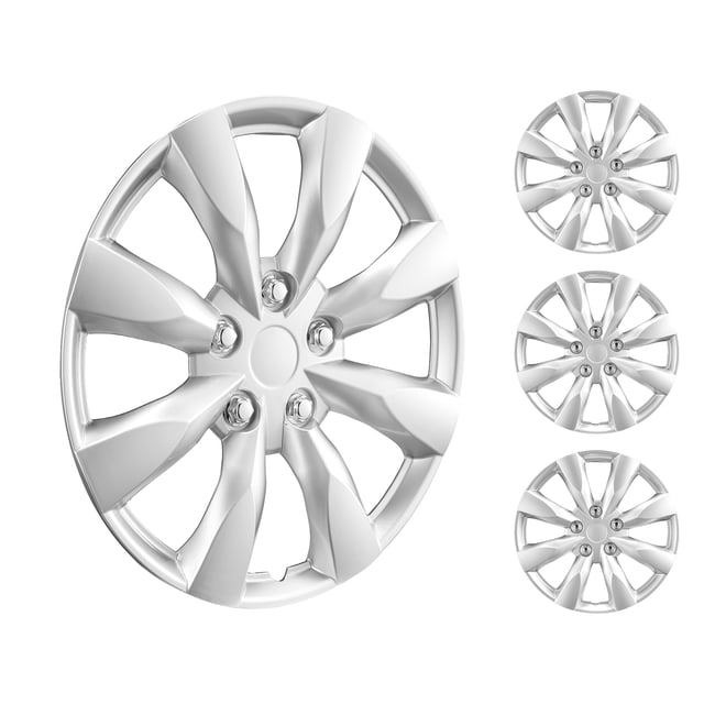 VEVOR 16-inch wheel rim cover hubcaps set of 4, featuring a multi-spoke design in a silver finish. Made from durable ABS+PC composite for impact and abrasion resistance, these hubcaps provide full coverage to protect against road debris and sand. Designed for R16 tire sizes, they are compatible with various brands like Chevrolet, Dodge, Ford, Honda, Mazda, and Volkswagen. The clip-on installation ensures a secure fit, even on bumpy roads. Suitable for all-weather use, including resistance to rust, water, ice, snow, and heat.