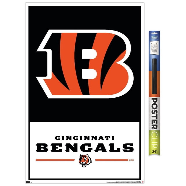 NFL Cincinnati Bengals - Logo 21 Affiche Murale avec Cadre Magnétique, 22,375 Po x 34 Po Mettant en Vedette le Logo « B » orange et Noir à Rayures des Bengals, Centré sur un Fond Noir au-Dessus du Texte Noir Audacieux « Cincinnati Bengals » avec un Logo Tête de Tigre orange et des Lignes orange en Dessous, Imprimé sur Papier d'Affiche Lustré avec une Bordure Blanche et un Cadre en Bois Magnétique, Convient à la Déco de la Maison et aux Chambres